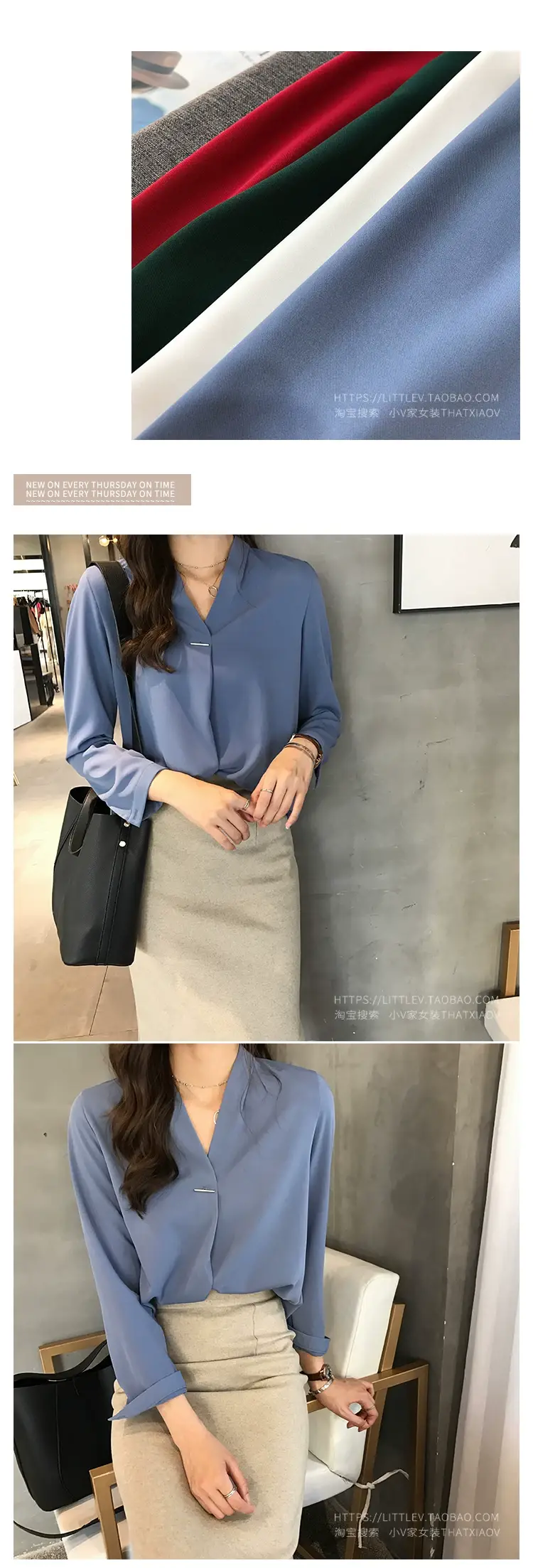 Women V Neck Chiffon Shirt Red Long Sleeve — feature 11