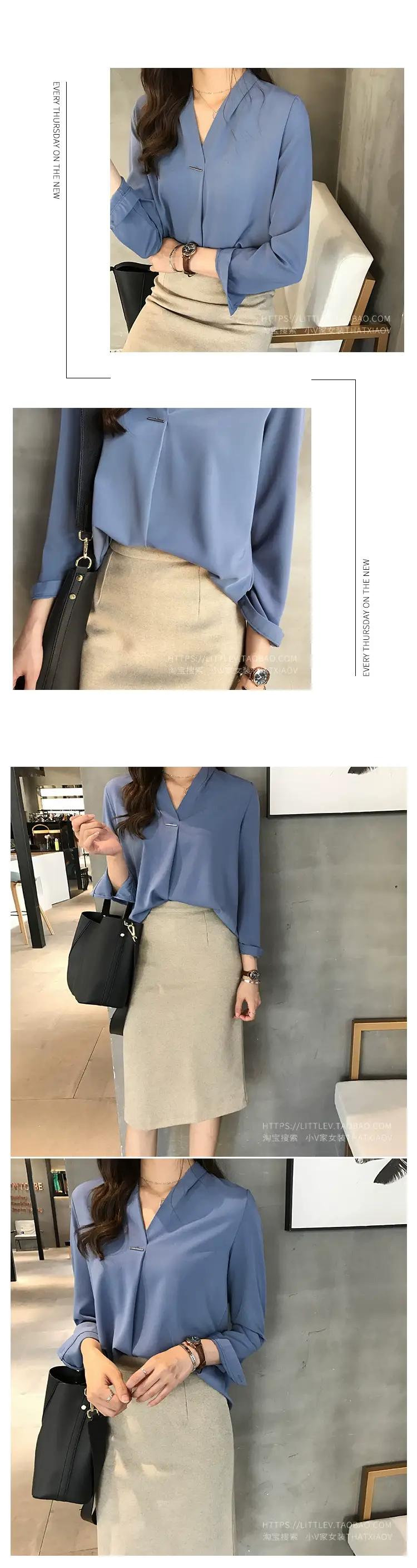 Women V Neck Chiffon Shirt Red Long Sleeve — feature 12