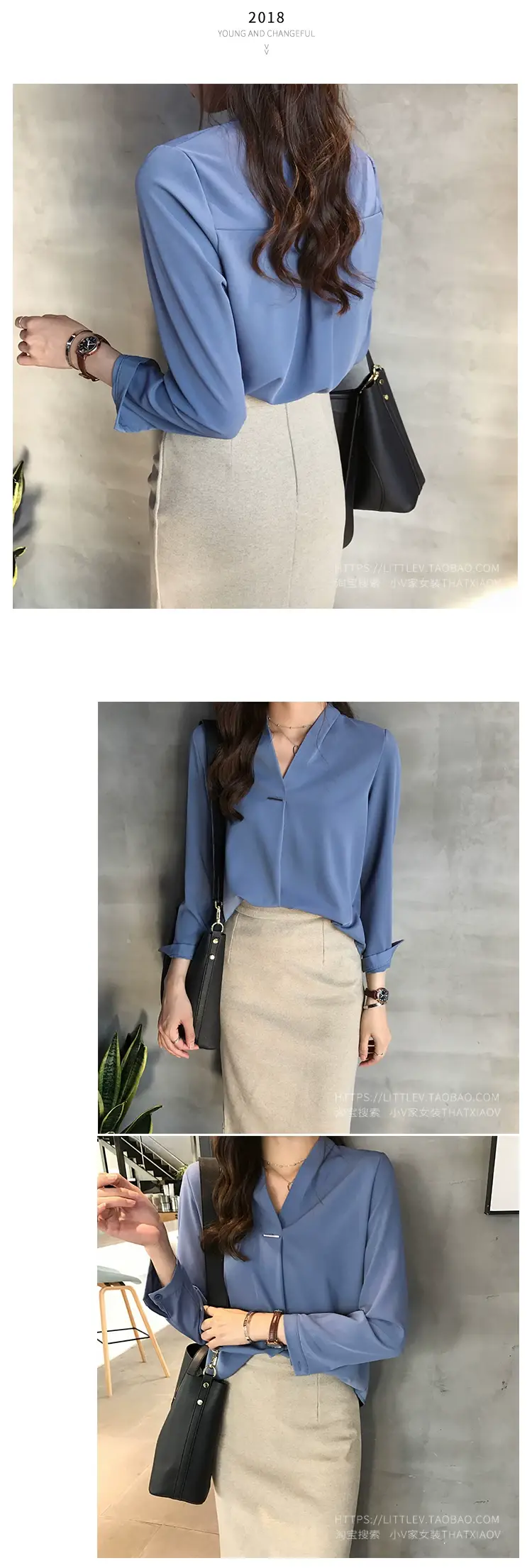 Women V Neck Chiffon Shirt Red Long Sleeve — feature 13