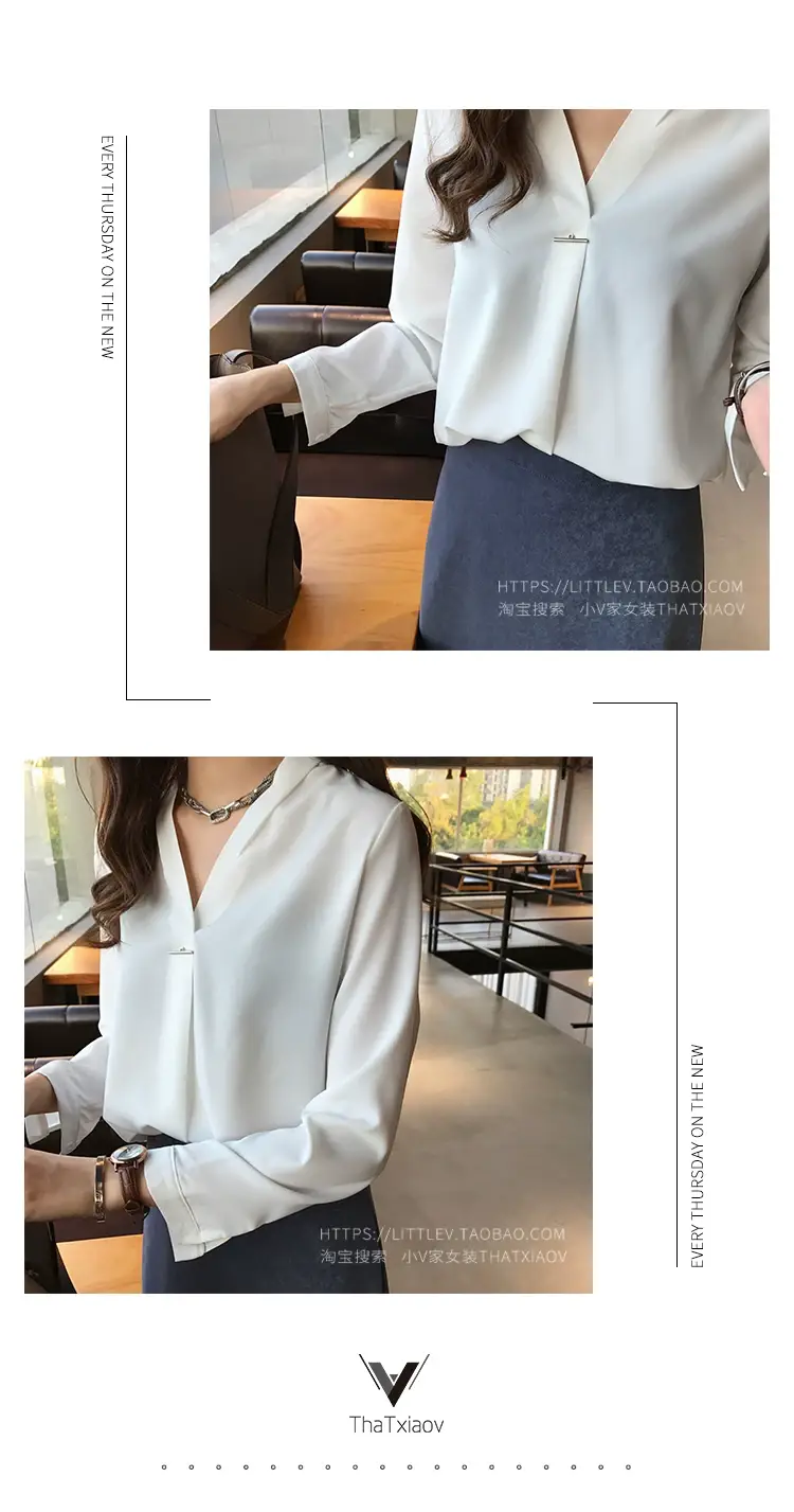 Women V Neck Chiffon Shirt Red Long Sleeve — feature 16