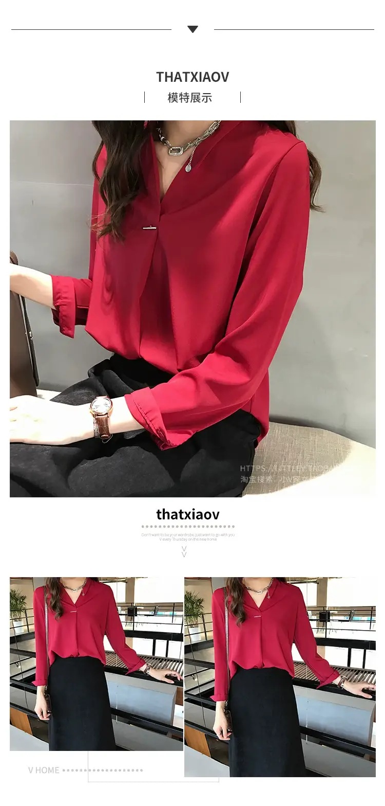 Women V Neck Chiffon Shirt Red Long Sleeve — feature 5