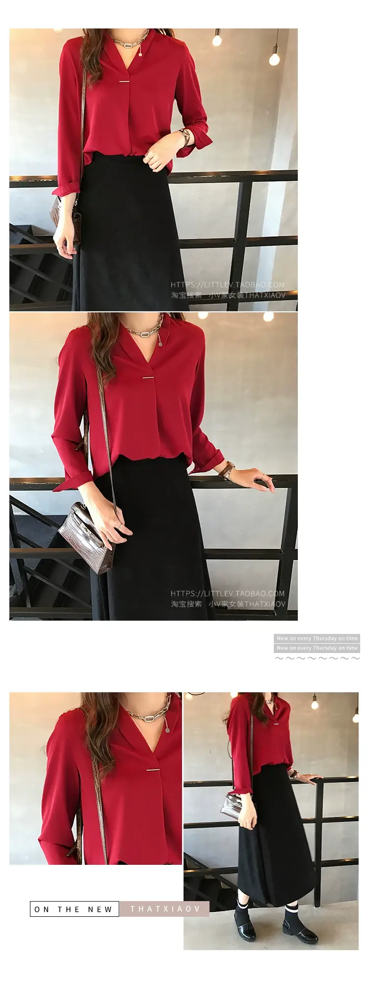 Women V Neck Chiffon Shirt Red Long Sleeve — feature 6