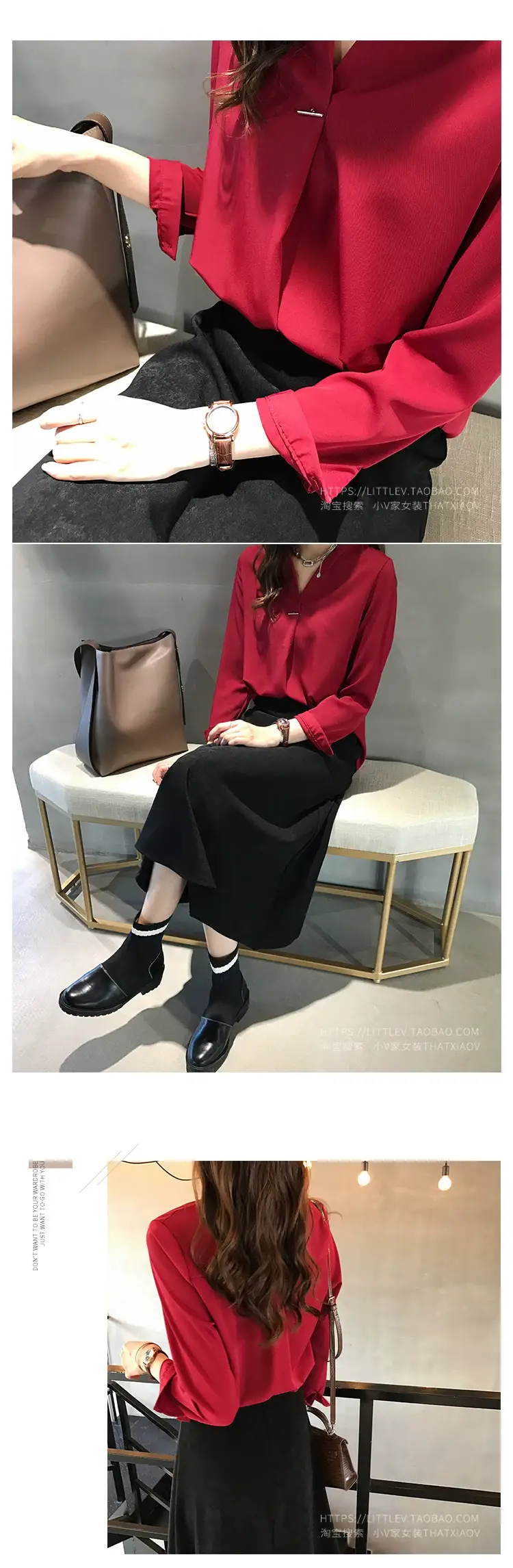 Women V Neck Chiffon Shirt Red Long Sleeve — feature 7