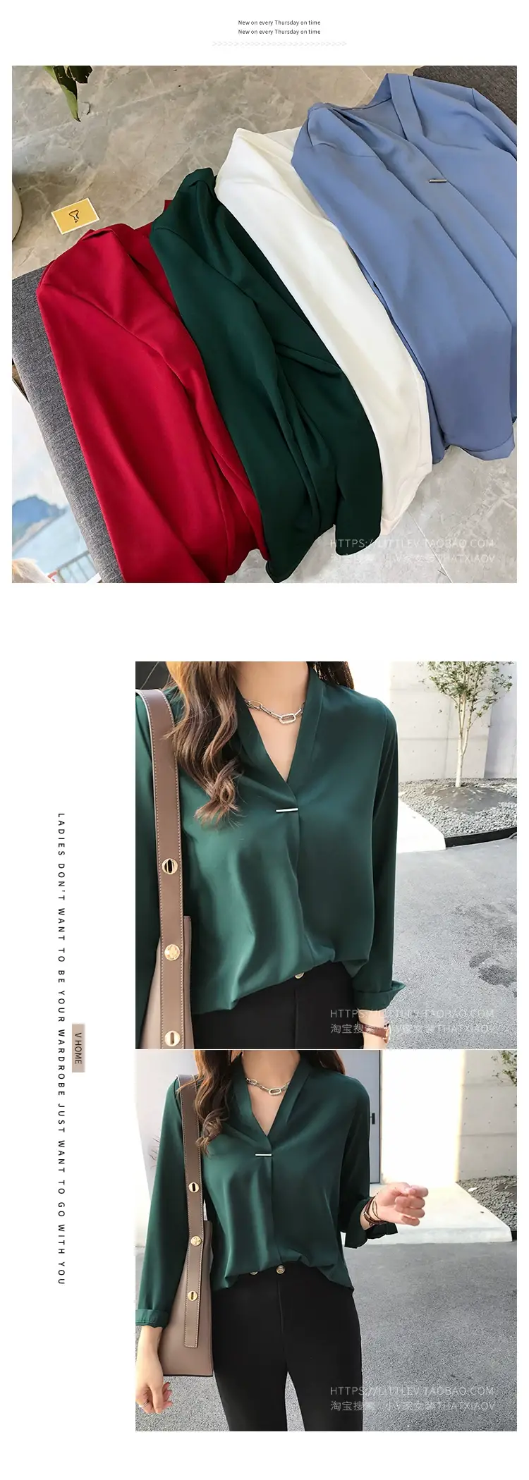 Women V Neck Chiffon Shirt Red Long Sleeve — feature 8