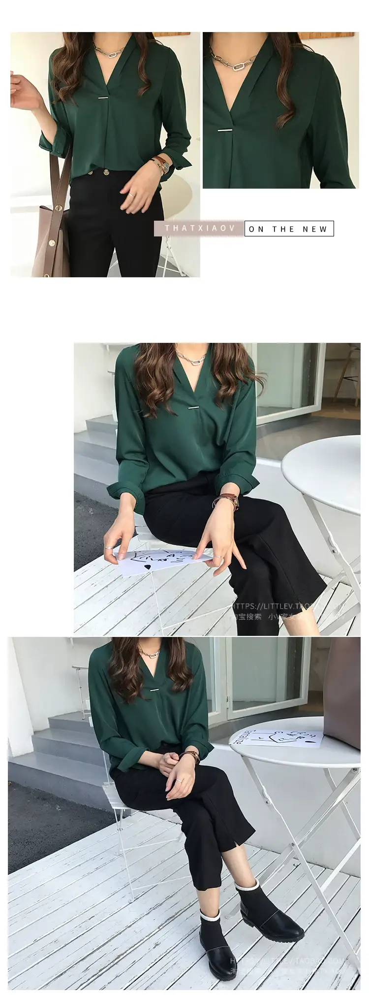 Women V Neck Chiffon Shirt Red Long Sleeve — feature 9
