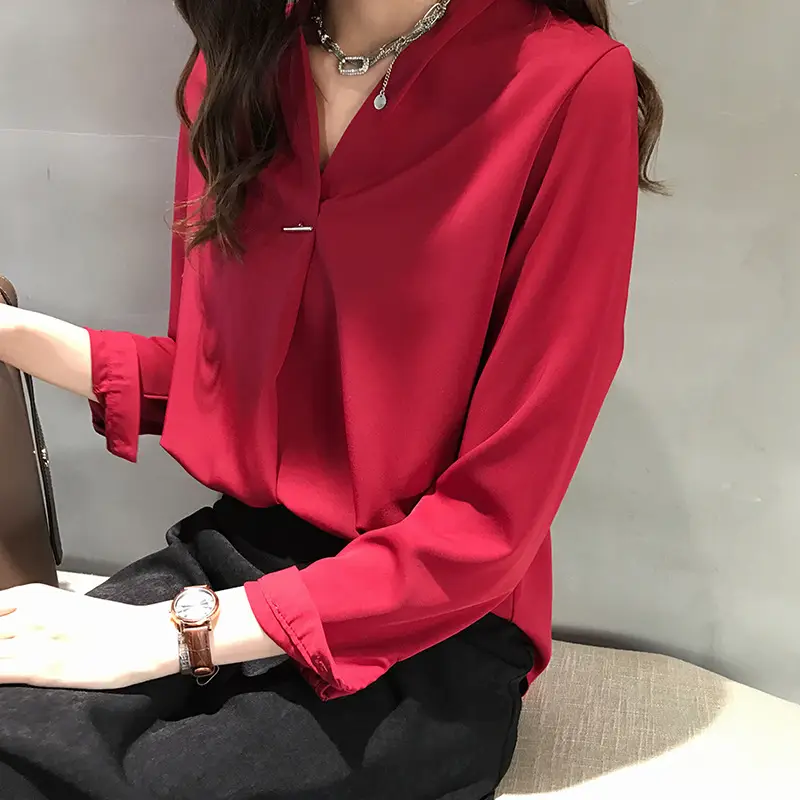 Women V Neck Chiffon Shirt Red Long Sleeve
