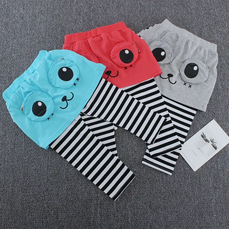 Girls Fake Capri Pants Red Blue Striped Leggings Set