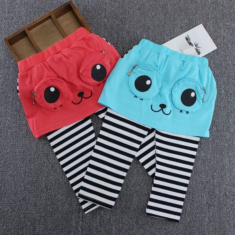 Girls Fake Capri Pants Red Blue Striped Leggings Set