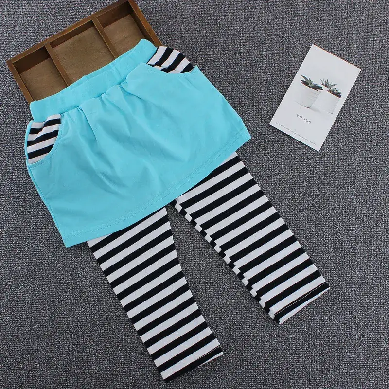 Girls Fake Capri Pants Red Blue Striped Leggings Set