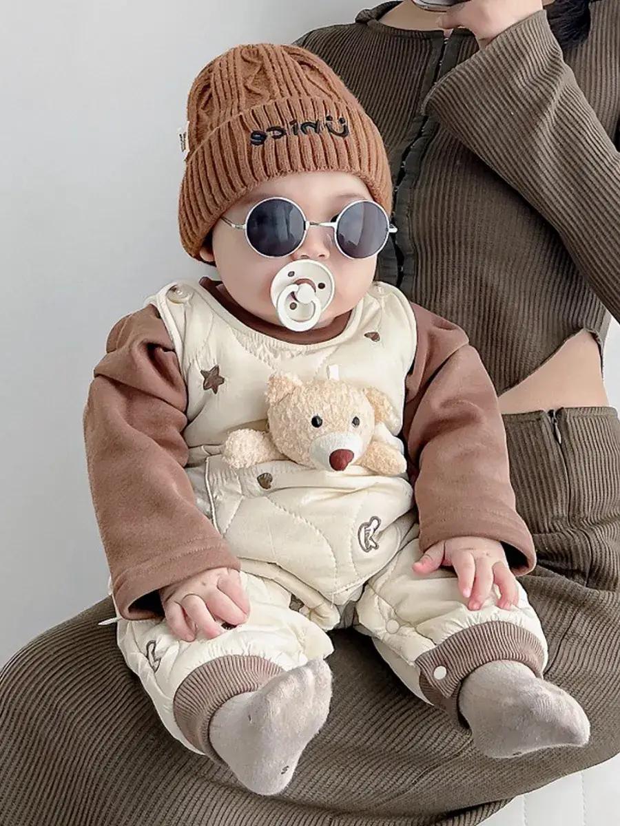 Baby Fleece Quilted One-Piece Suit Brown Cream - Image 3