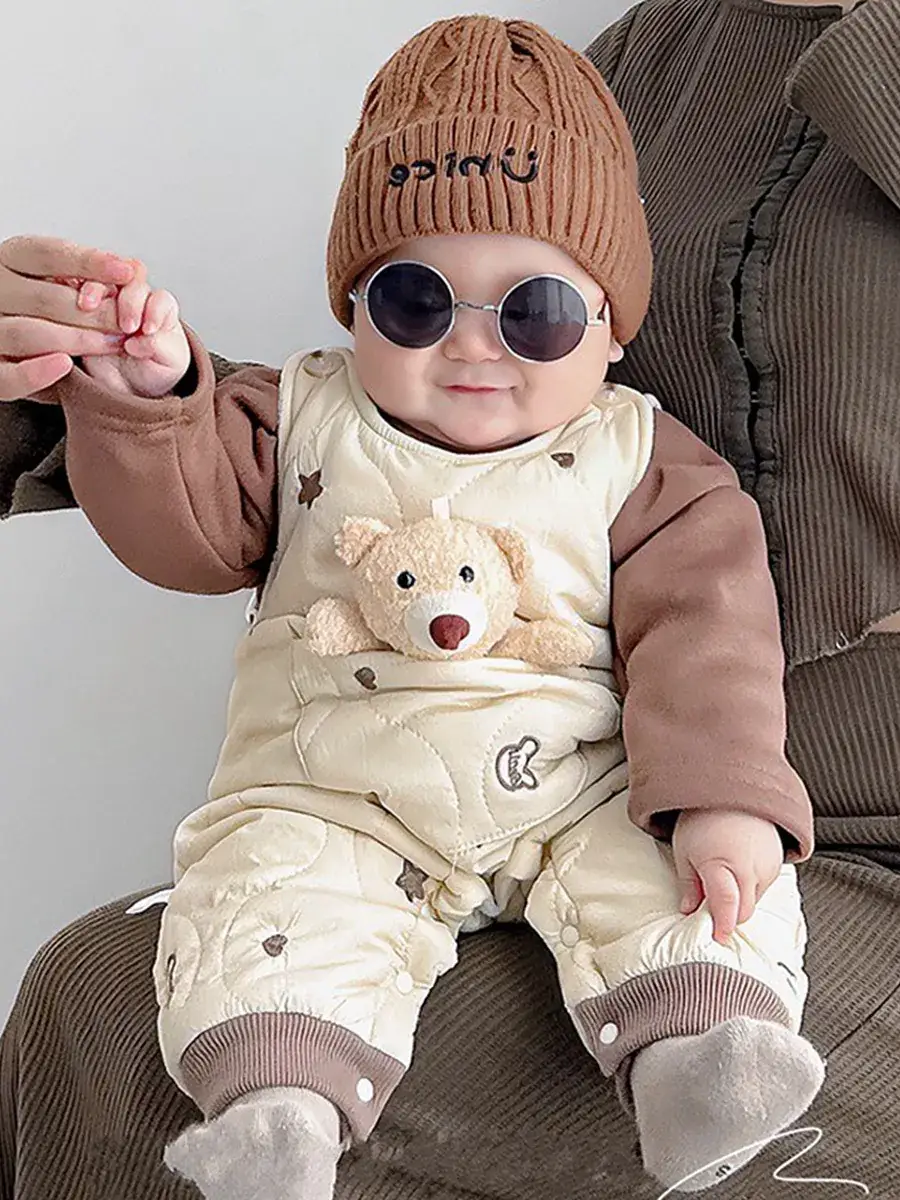 Baby Fleece Quilted One-Piece Suit Brown Cream - Image 4