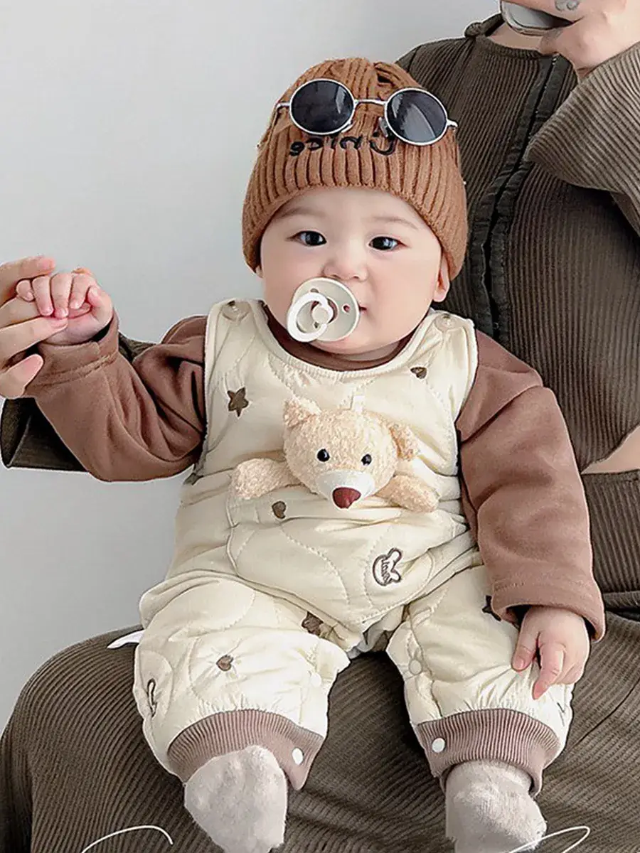 Baby Fleece Quilted One-Piece Suit Brown Cream - Image 5