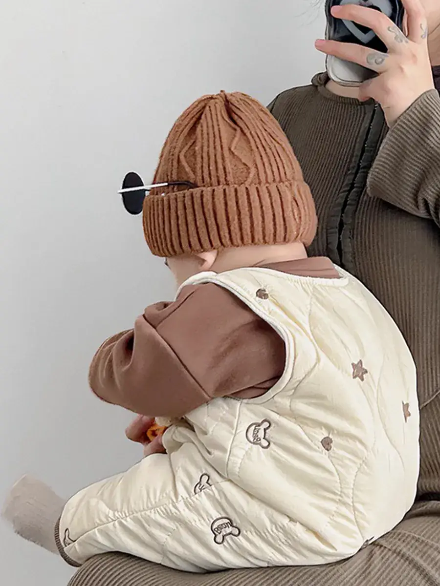 Baby Fleece Quilted One-Piece Suit Brown Cream - Image 6