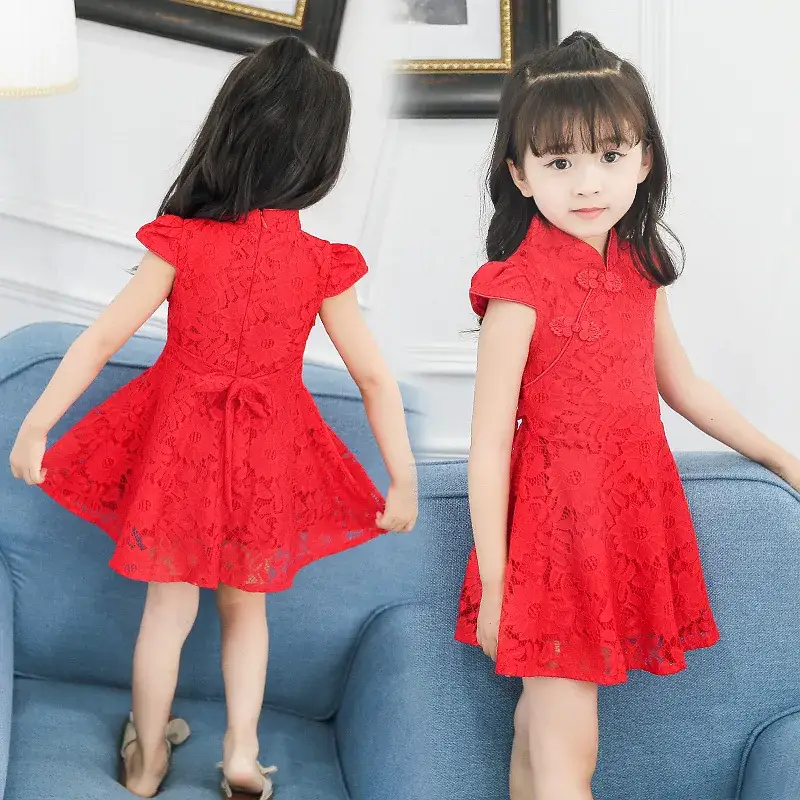 Red Lace Mesh Girl's Dress for Summer - Image 3