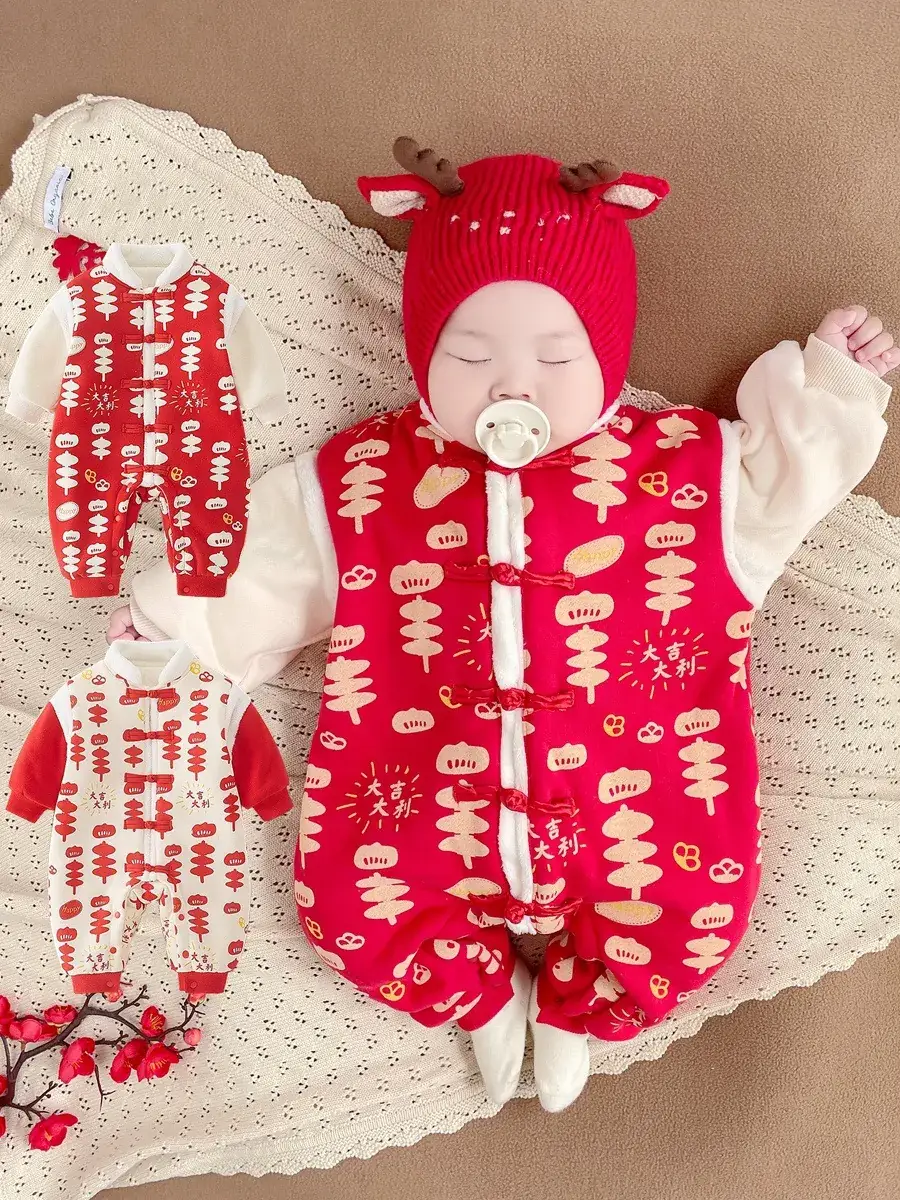 Newborn Baby Cotton Padded Jumpsuit Hundred Days New Year's Winter - Image 3