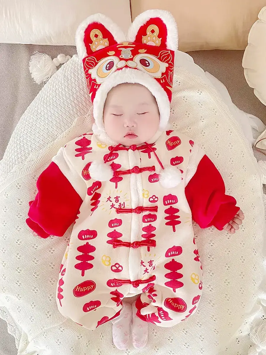 Newborn Baby Cotton Padded Jumpsuit Hundred Days New Year's Winter - Image 4