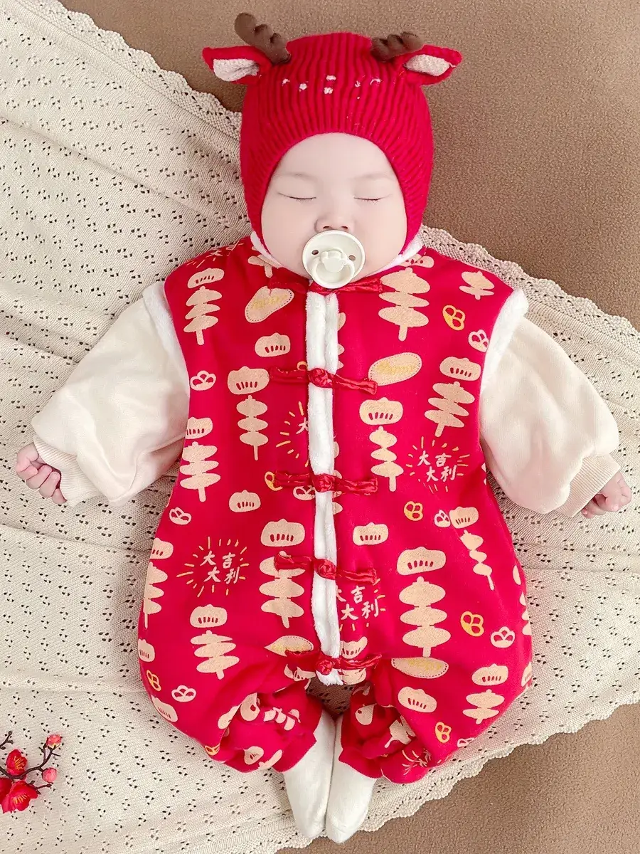 Newborn Baby Cotton Padded Jumpsuit Hundred Days New Year's Winter - Image 5