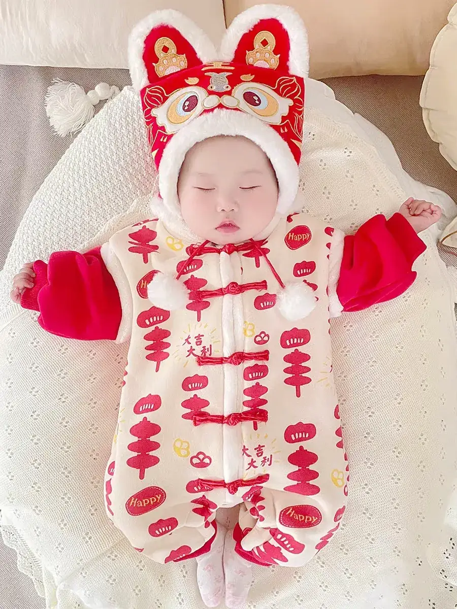 Newborn Baby Cotton Padded Jumpsuit Hundred Days New Year's Winter - Image 6