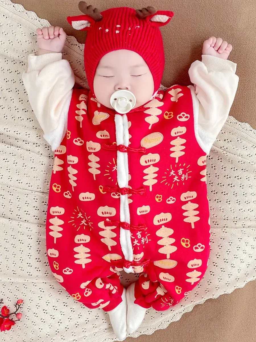 Newborn Baby Cotton Padded Jumpsuit Hundred Days New Year's Winter - Image 7
