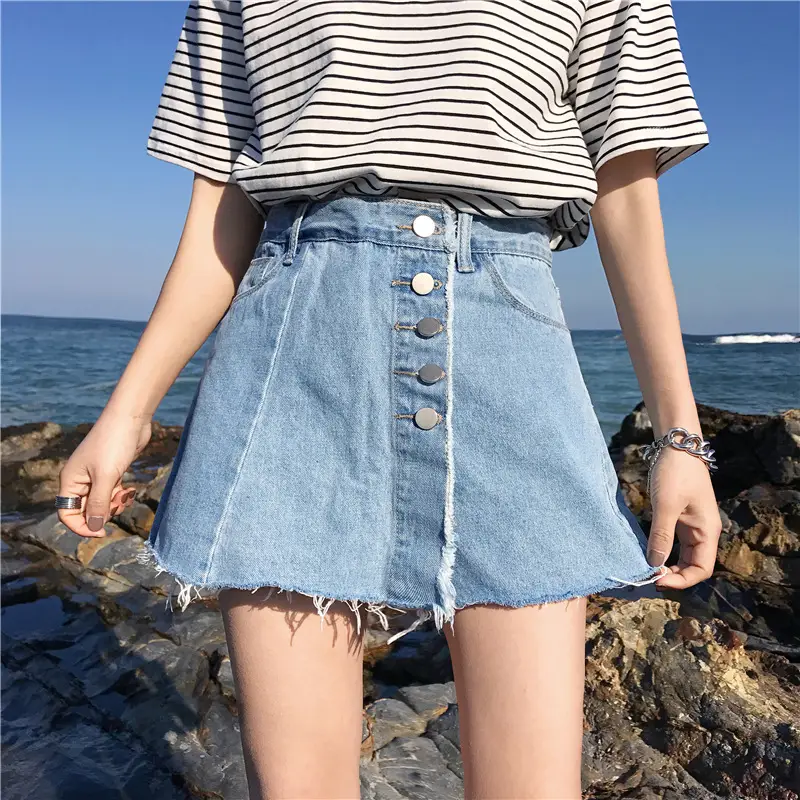 Women Denim Shorts High Waist Buckle Irregular Edge - Image 6