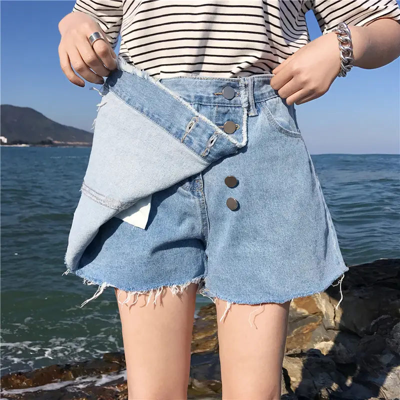 Women Denim Shorts High Waist Buckle Irregular Edge - Image 7