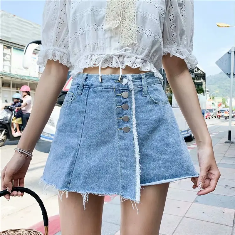 Women Denim Shorts High Waist Buckle Irregular Edge - Image 2