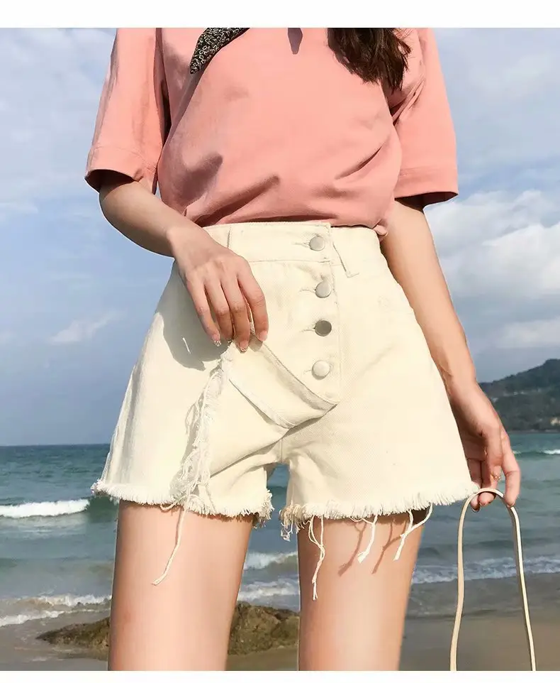 Women Denim Shorts High Waist Buckle Irregular Edge - Image 3