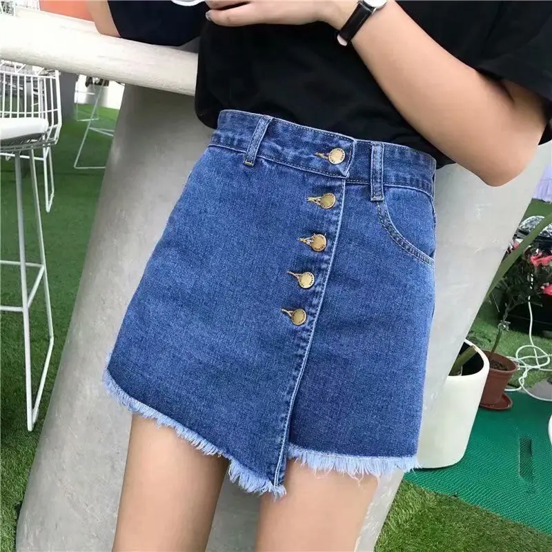 Women Denim Shorts High Waist Buckle Irregular Edge - Image 4
