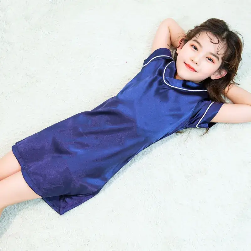Girls' Ice Silk Nightdress Blue V-Neck Shorts Set