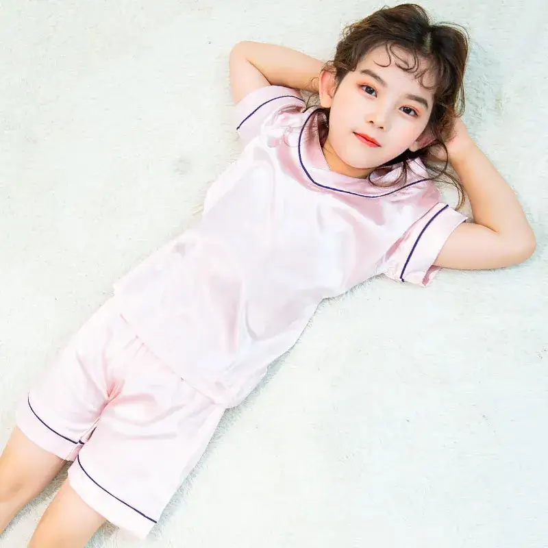 Girls' Ice Silk Nightdress Blue V-Neck Shorts Set