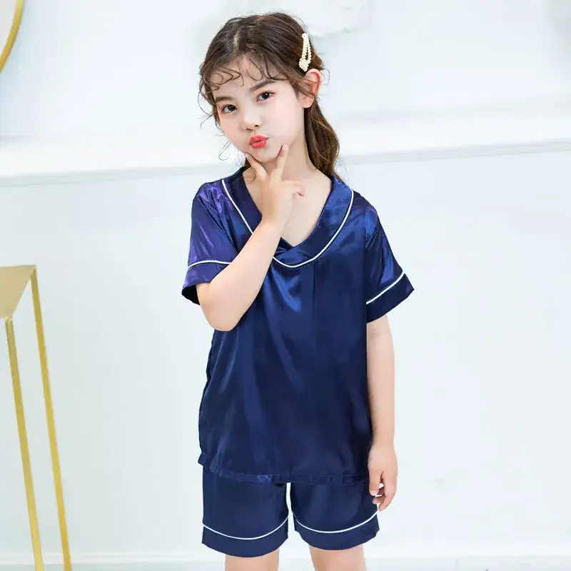 Girls' Ice Silk Nightdress Blue V-Neck Shorts Set