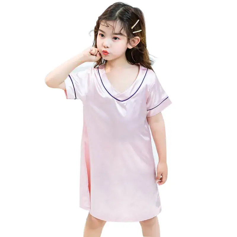 Girls' Ice Silk Nightdress Blue V-Neck Shorts Set