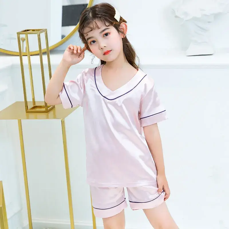 Girls' Ice Silk Nightdress Blue V-Neck Shorts Set