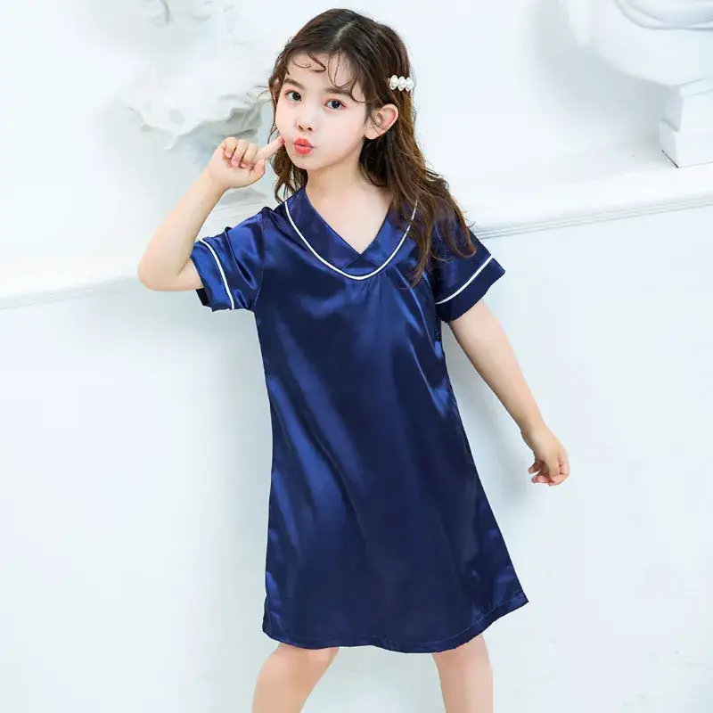 Girls' Ice Silk Nightdress Blue V-Neck Shorts Set