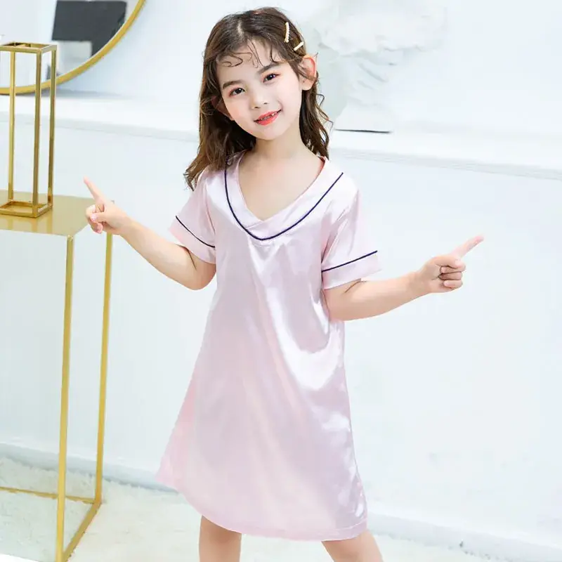 Girls' Ice Silk Nightdress Blue V-Neck Shorts Set