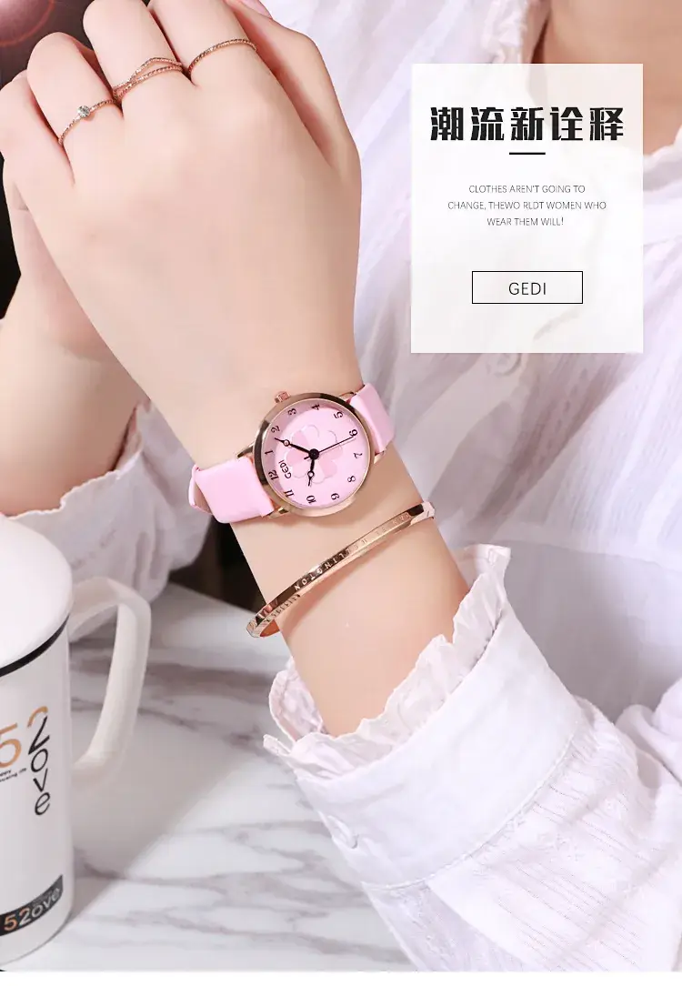 Women's Pink Flower Belt Watch with Rose Gold Case — feature 1