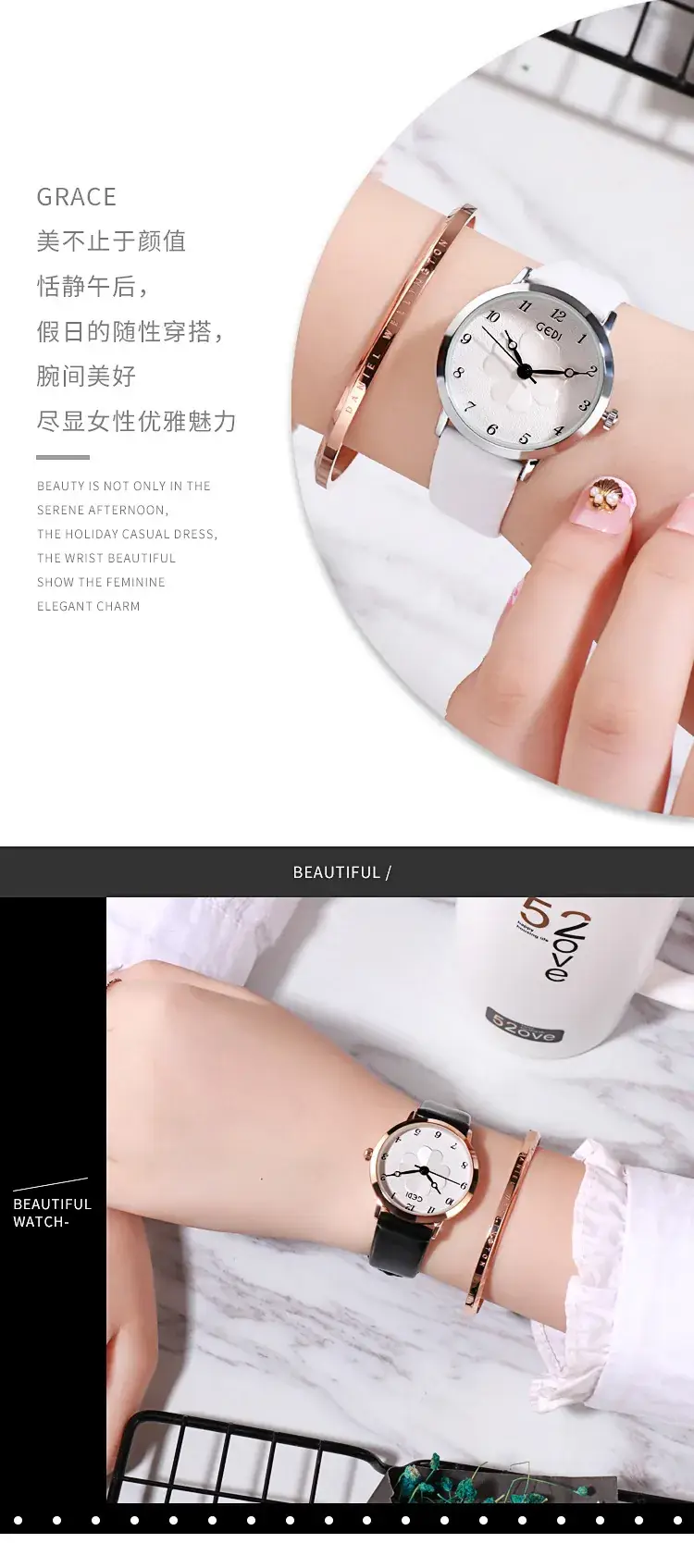 Women's Pink Flower Belt Watch with Rose Gold Case — feature 5