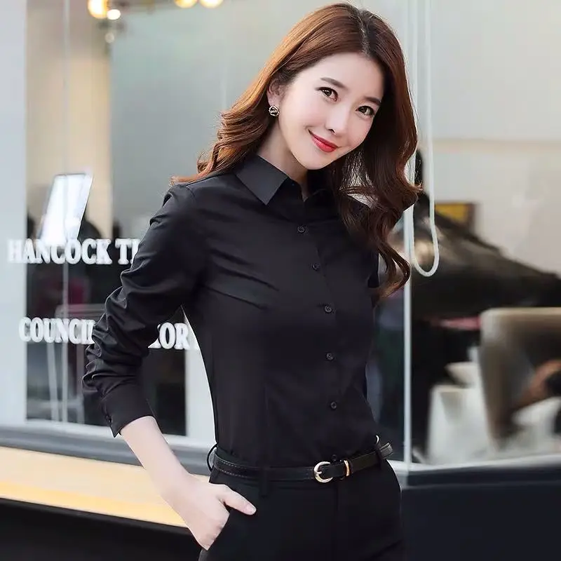 Long Sleeve Micro Elastic White Shirt Women Large - Image 4