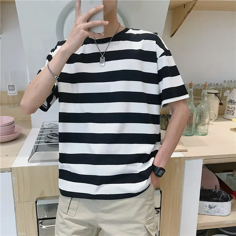 Men Blue Striped Half Sleeve T-Shirt Korean Style