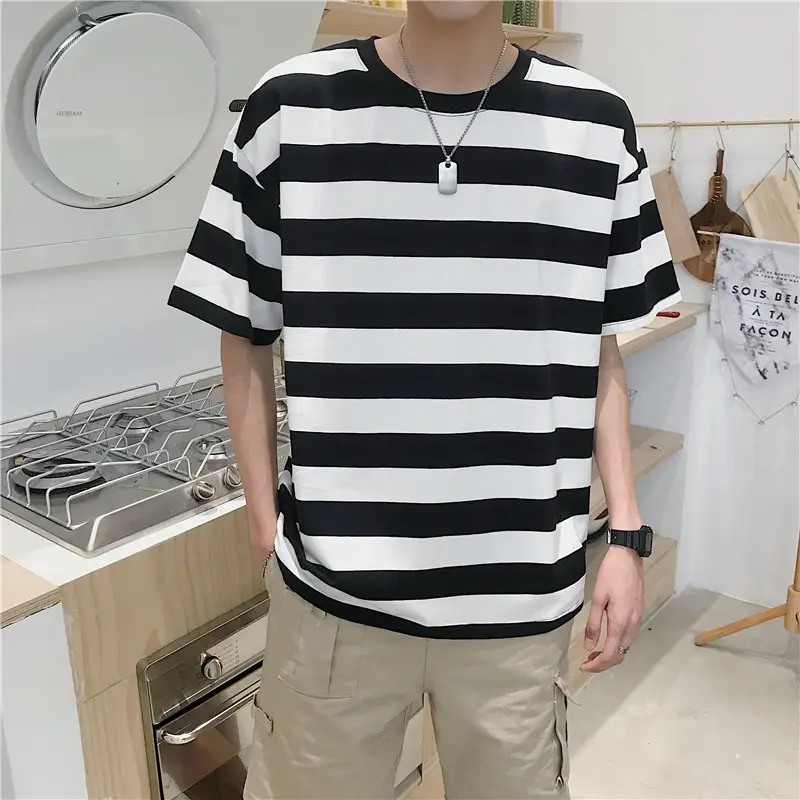 Men Blue Striped Half Sleeve T-Shirt Korean Style