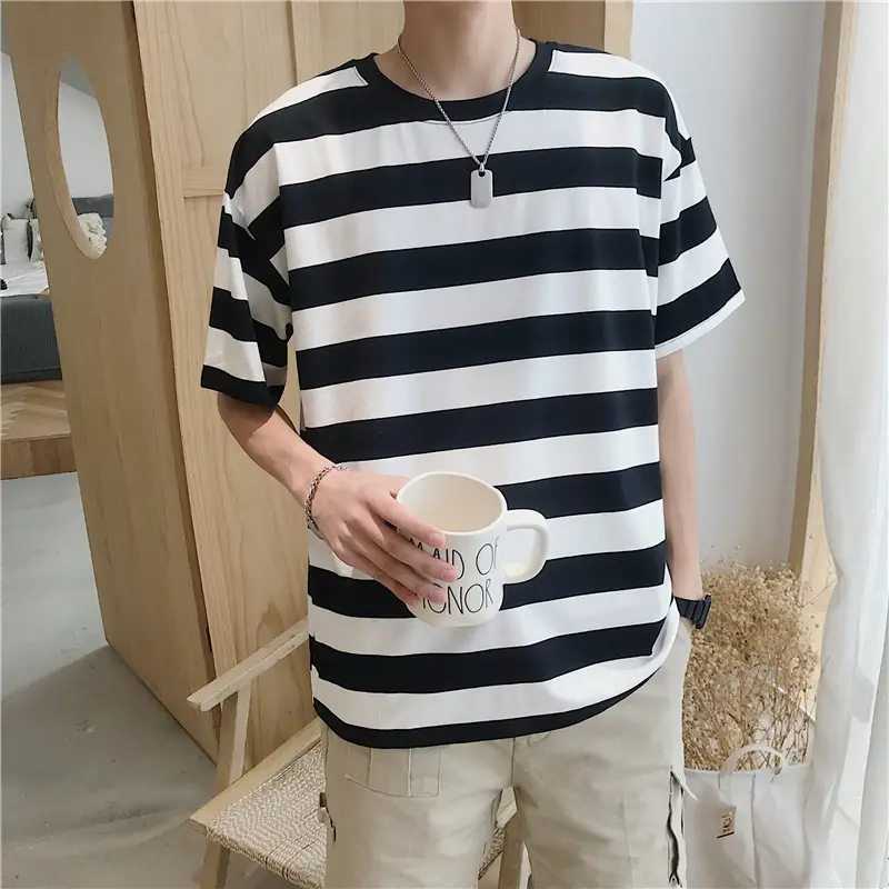 Men Blue Striped Half Sleeve T-Shirt Korean Style