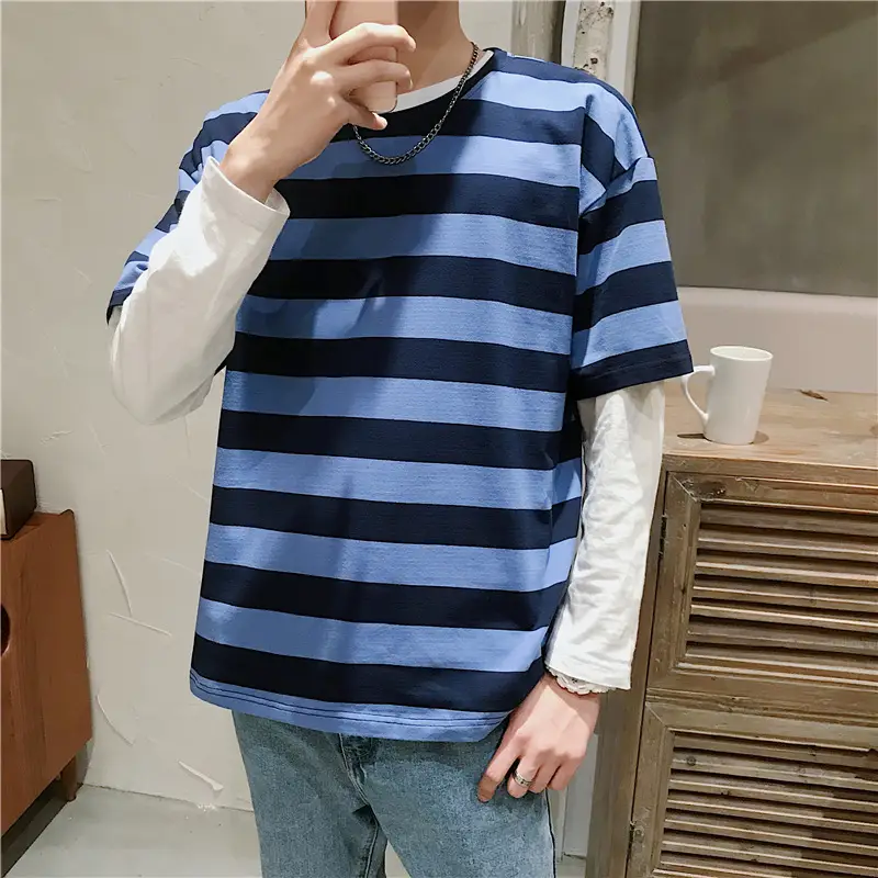 Men Blue Striped Half Sleeve T-Shirt Korean Style