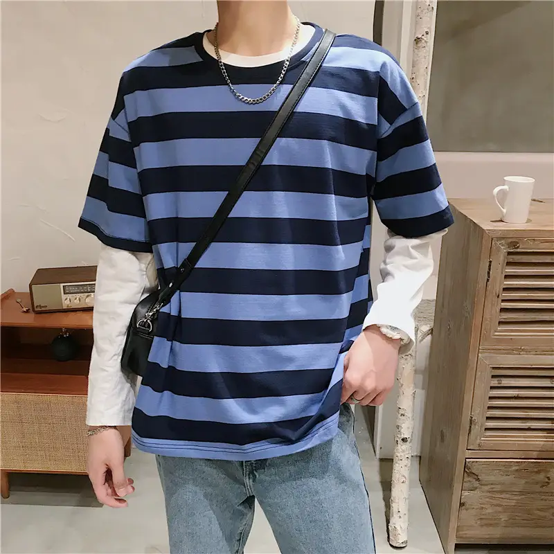Men Blue Striped Half Sleeve T-Shirt Korean Style