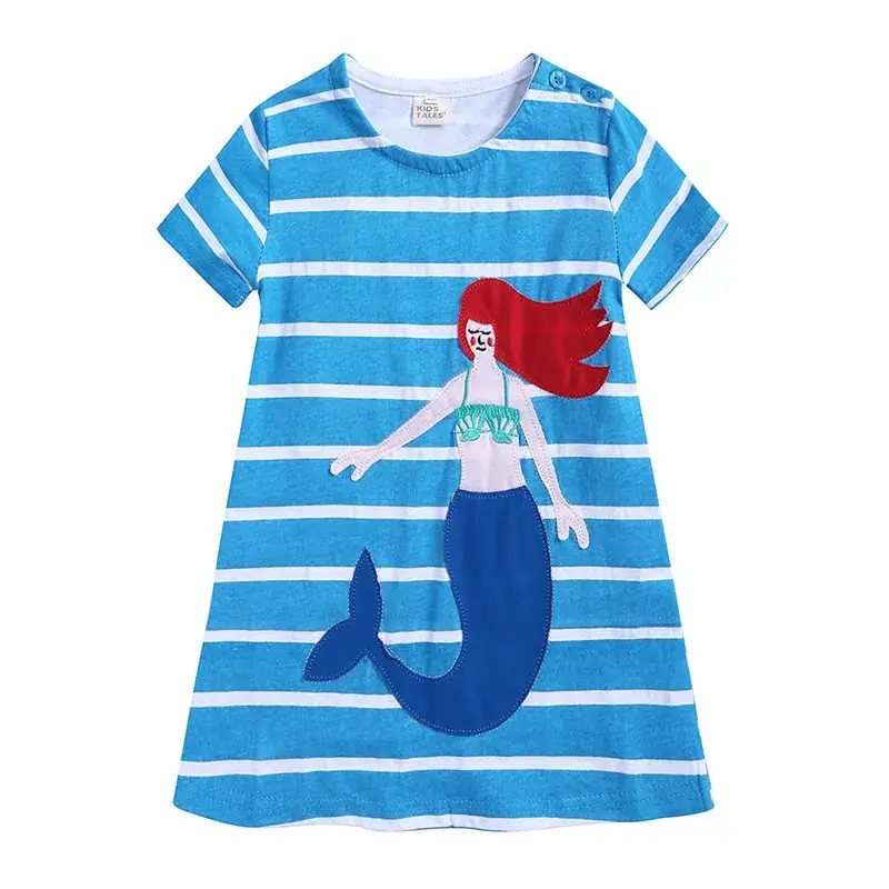 Girls Mermaid Striped Cotton Dress Blue Short Sleeve - Image 10