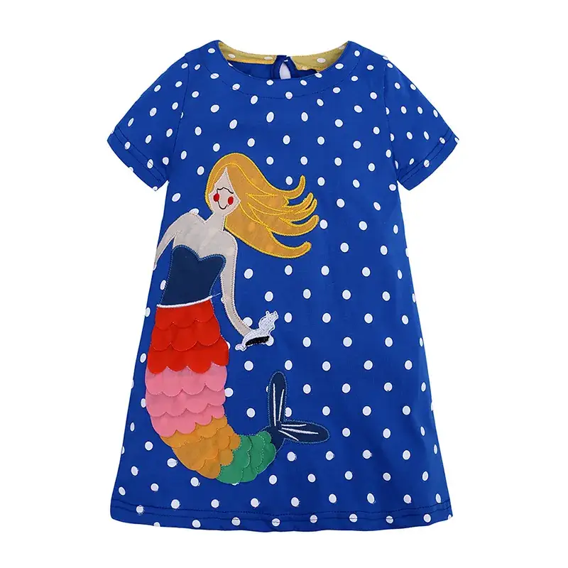 Girls Mermaid Striped Cotton Dress Blue Short Sleeve - Image 6