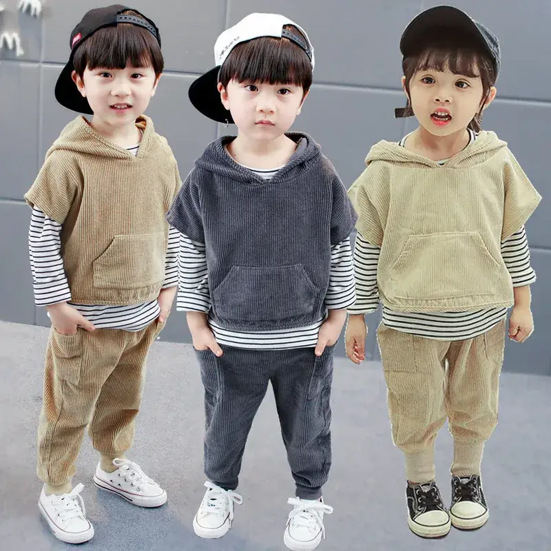 Korean Style Kids Hoodie Set Brown Grey Striped Pants