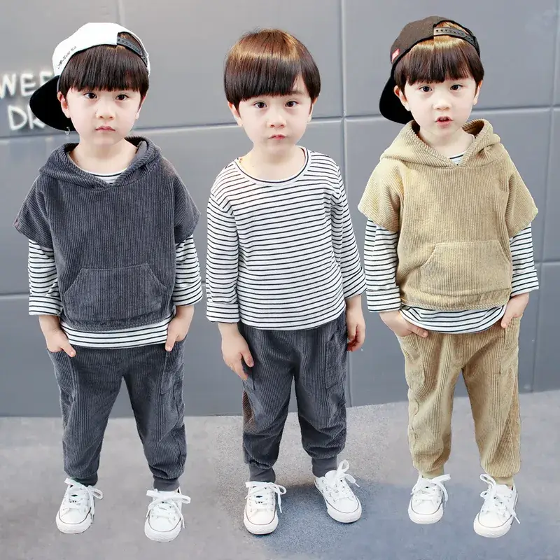 Korean Style Kids Hoodie Set Brown Grey Striped Pants