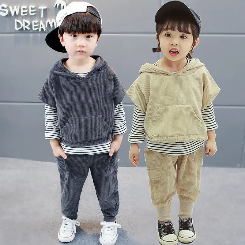 Korean Style Kids Hoodie Set Brown Grey Striped Pants