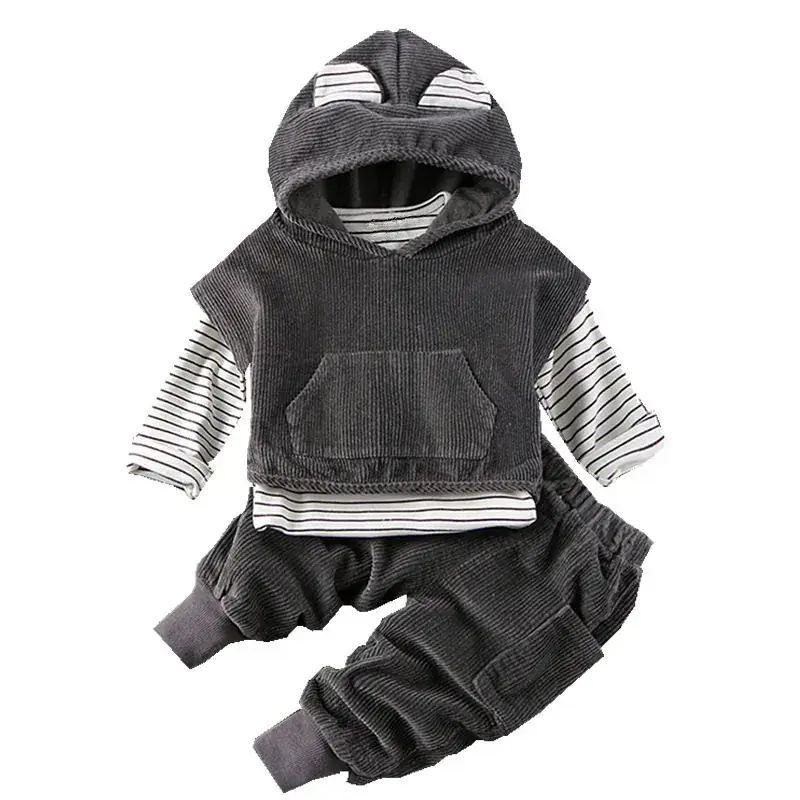 Korean Style Kids Hoodie Set Brown Grey Striped Pants