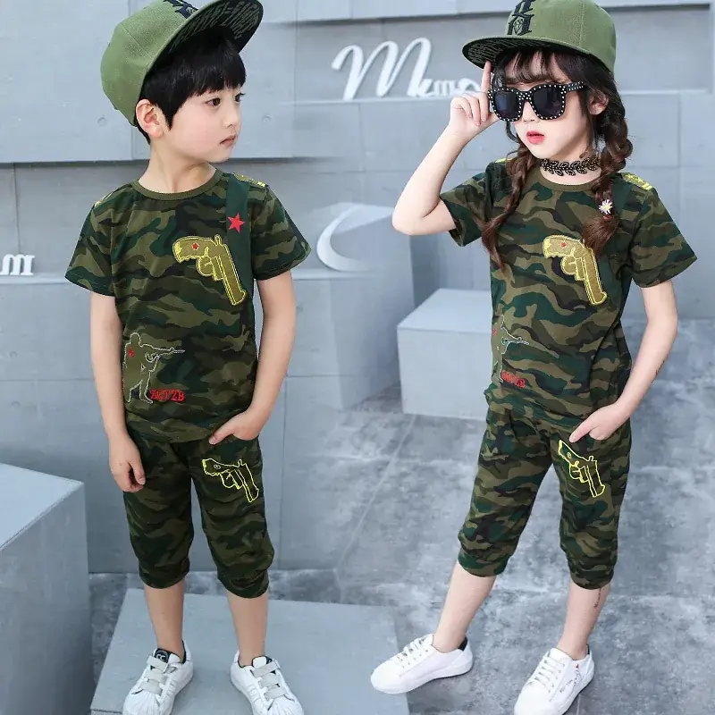 Children Camouflage T-Shirt Shorts Set Military Training Summer Wear